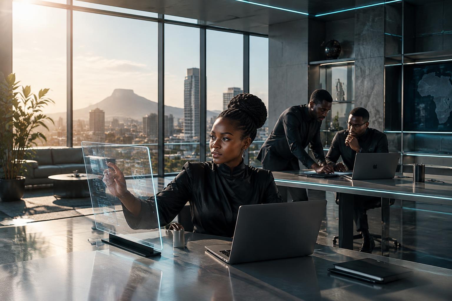 Profissionais africanos a colaborar num estúdio de aprendizagem digital futurista